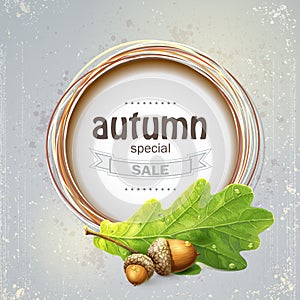 Background image for the big autumn sale with oak leaves with acorns photo