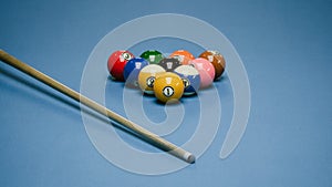 Background image of Billiard balls in a blue pool table