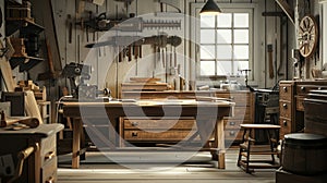 Background image of carpenter workstation, carpenter work table with different tools, wood cutting, a jigsaw, a cipher machine,
