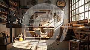 Background image of carpenter workstation, carpenter work table with different tools, wood cutting, a jigsaw, a cipher machine,