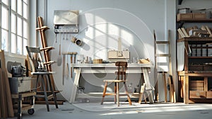 Background image of carpenter workstation, carpenter work table with different tools, wood cutting, a jigsaw, a cipher machine,