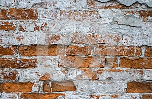 Background image fragment of old red textured brick wall with damage surface