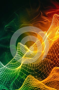 Background image of frequency waves, in colors green, orange, yellow, red. A black background