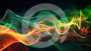 Background image of frequency waves, in colors green, orange, yellow, red. A black background