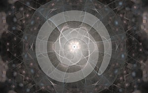 Background image of a glowing fantastic symbol of gray and beige with six rays on a blurred background with squares and pixels