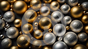 Background image of gold and silver Christmas balls of various sizes in a landscape orientation