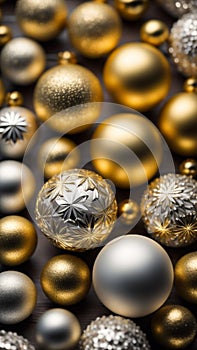 Background image of gold and silver Christmas balls of various sizes in a portrait orientation