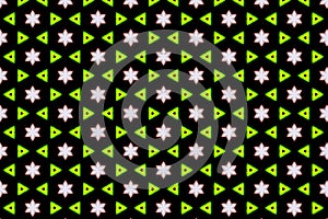 The background image has many geometric patterns and is black, pink, green