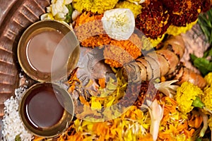 Background Image Of Hindu Culture Traditional Thali Used For Puja Purposes & Welcoming People