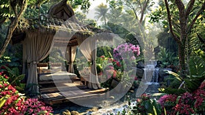 Background image of luxurious tropical cabin with outdoor bed by water. AIGT2. photo