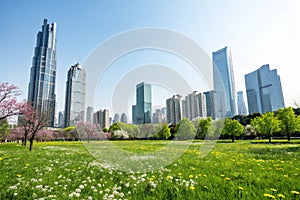 Background image with modern cityscape and spring field
