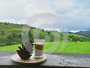 Background image of mountains terraced rice fields Ban Na Pa Bong Piang, Chiang Mai, Thailand.