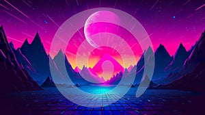 A background image that is neon blue and purple, inspire by 80s retro synth wave. Generative AI