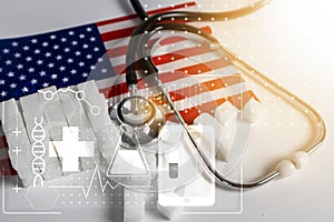 Background image of sugar cubes with medical stethoscope and healthcare in the United States