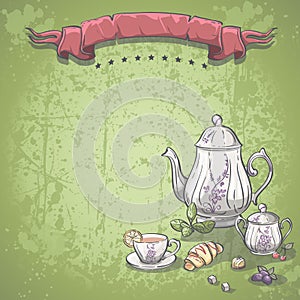 Background image with tea service with tea leaves, croissants and chocolate candy