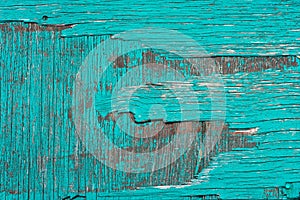 Background image. Texture of old wooden board with cyan painting