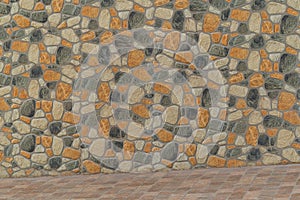 Background with imitation red and yellow black stone structure wall with rising pavement to the right at the bottom of