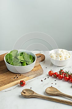 background with ingredients for making salad