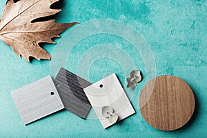 Background of interior decor swatches, with autumn and eucalyptus leaves