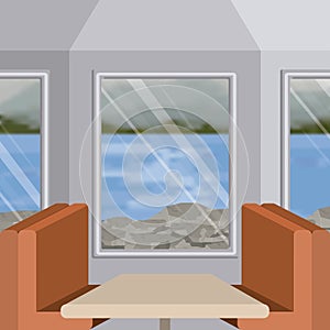Background interior train with a passenger compartment and blur lake scenary outside