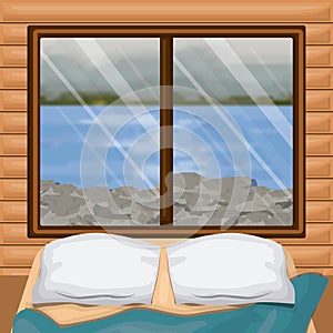 Background interior wooden cabin with bed and blur river with rocks scenary behind window