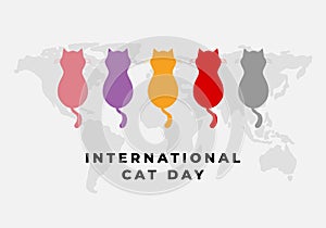 Background for the international cat day on August 8. With five cats and world map. Funny cartoon cat.. Happy animals Print to