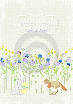 background invitation rabbit with egg, bird and flowers. vector invitation