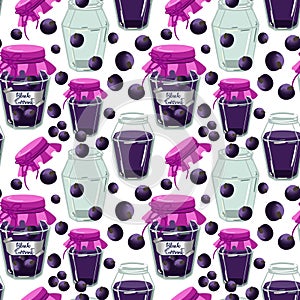 Background jam made of black currant, jars, jam, seaming . Used in textile illustration, kitchen illustration, gift