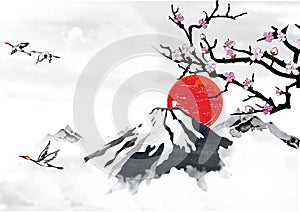 Background for japanese greeting cards with stylized mountains and flying crane birds