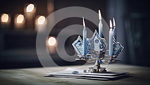 Background for Jewish holiday Hanukkah with menorah (Judaism candlestick