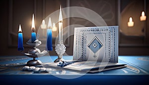 Background for Jewish holiday Hanukkah with menorah (Judaism candlestick