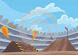 Background for jumping monster truck show. Burning springboards for car with large tires, rally 4x4 computer or mobile