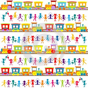 Background for kids with cartoon stylized hand drawn colored children and trains