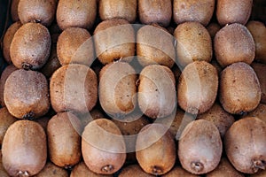 Background from a kiwi. Close-up texture of heap of kiwi, overhead view