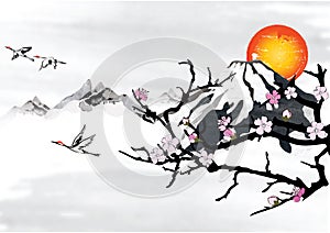 Background for korean / japanese greeting cards with stylized mountains and flying crane birds