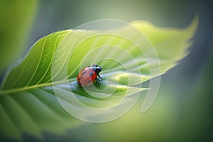 The background of a ladybugs green leaf is blurry
