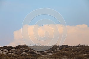 Background landscape of blue sky with clouds over cracked desert earth