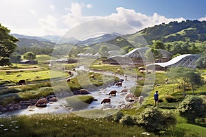 Background of landscape of healthy ecosystem, environmental stewardship, grazing livestock. Generative AI