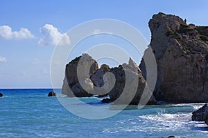 Background, landscape, view of the rock of Aphrodite and the Mediterranean Sea, Cyprus
