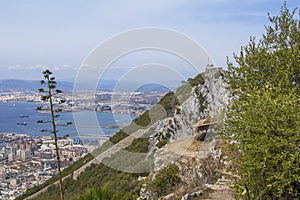 Background landscape view of the top of the Rock of Gibraltar, an abandoned military battery, a weather station and city