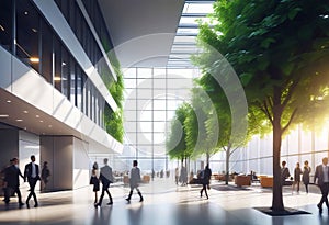 Background of a large office and people walking in a modern office building with green trees and sunlight