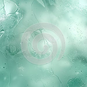 Background: Light blue-green frosted glass texture, following composition rules. Features technical particles