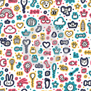 Background for little boys and girls. Cute hand darwn seamless pattern with sketch elements. Children drawings. Doodle background