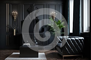 Background livingroom, black colors, luxury interior, sofa luxury. Luxury or art deco style. generative AI