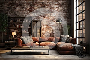 Background, loft style interior with brick wall and leather sofa. AI generative
