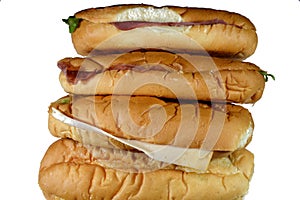 Background of long bun bread filled with Salami, smoked Turkey chicken beast meat, roast beef slices mixed with lettuce,