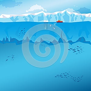 Background with long Iceberg and ship. Vector