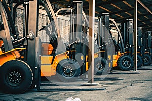 Background of a lot of forklifts, reliable heavy loader, truck