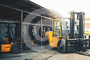 Background of a lot of forklifts, reliable heavy loader, truck photo