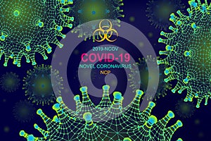Background with low poly 3d green and blue viral cells. Novel Coronavirus 2019-nCoV. Virus Covid 19-NCP. Coronavirus nCoV denoted